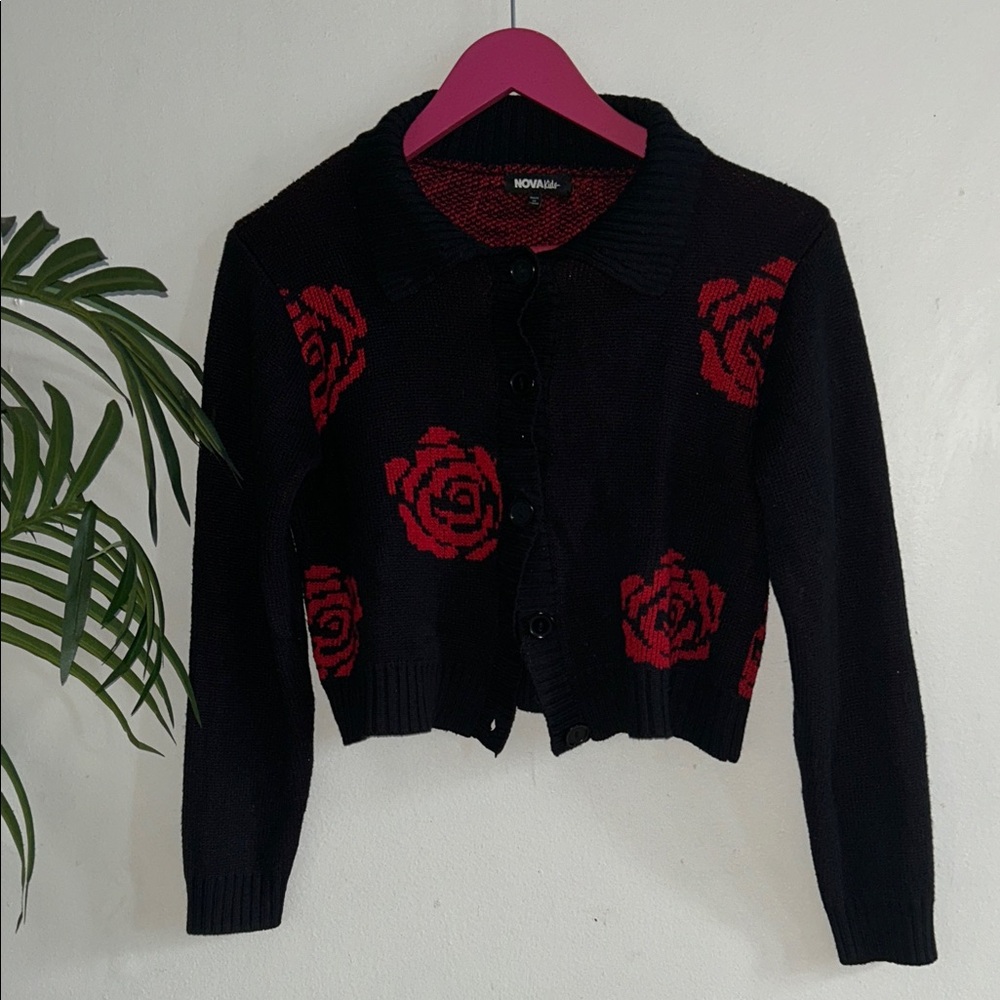 Elegant Black and Red Rose Cardigan